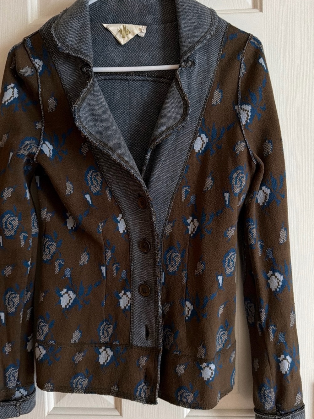 Anthropologie Brown Floral Knit sweater with Blue & Gray Pattern